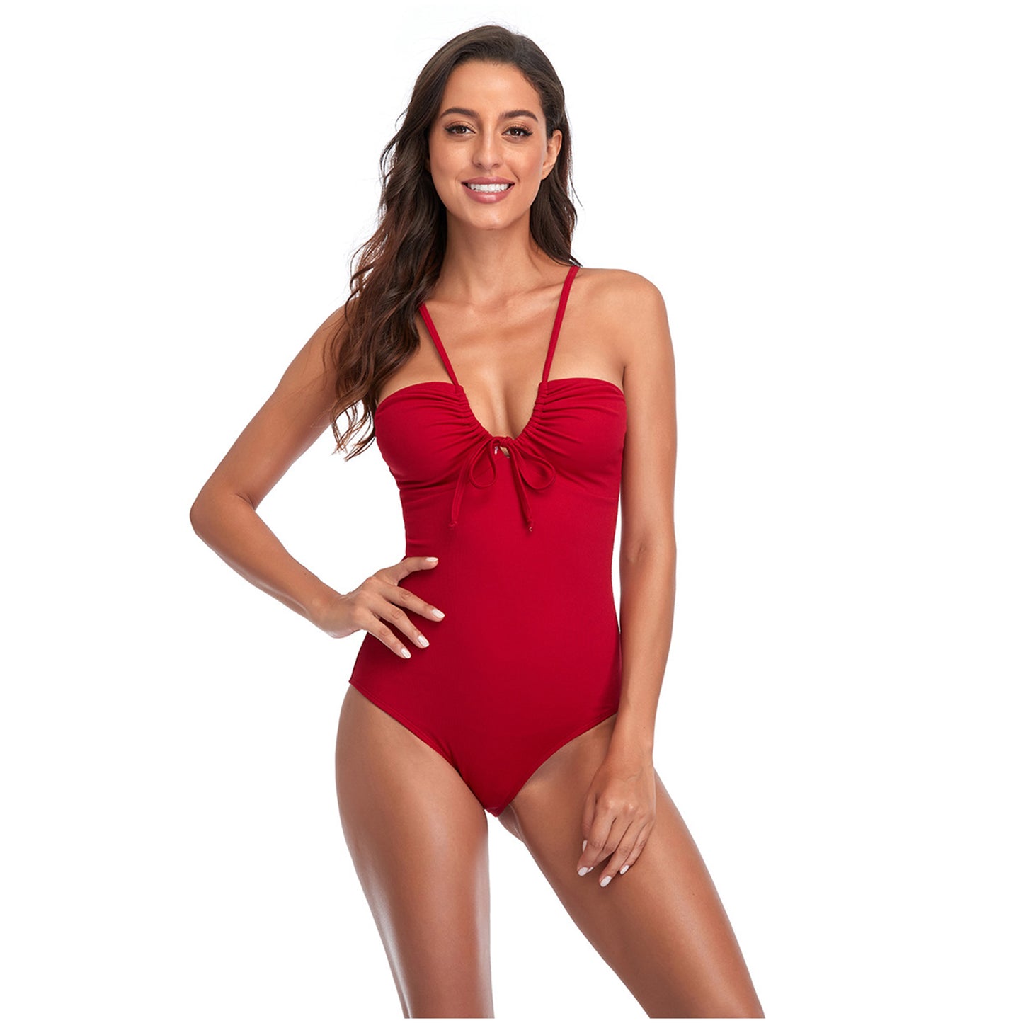 Solid Color Bow Narrow Shoulder Band One Piece Swimsuit - Quaworth
