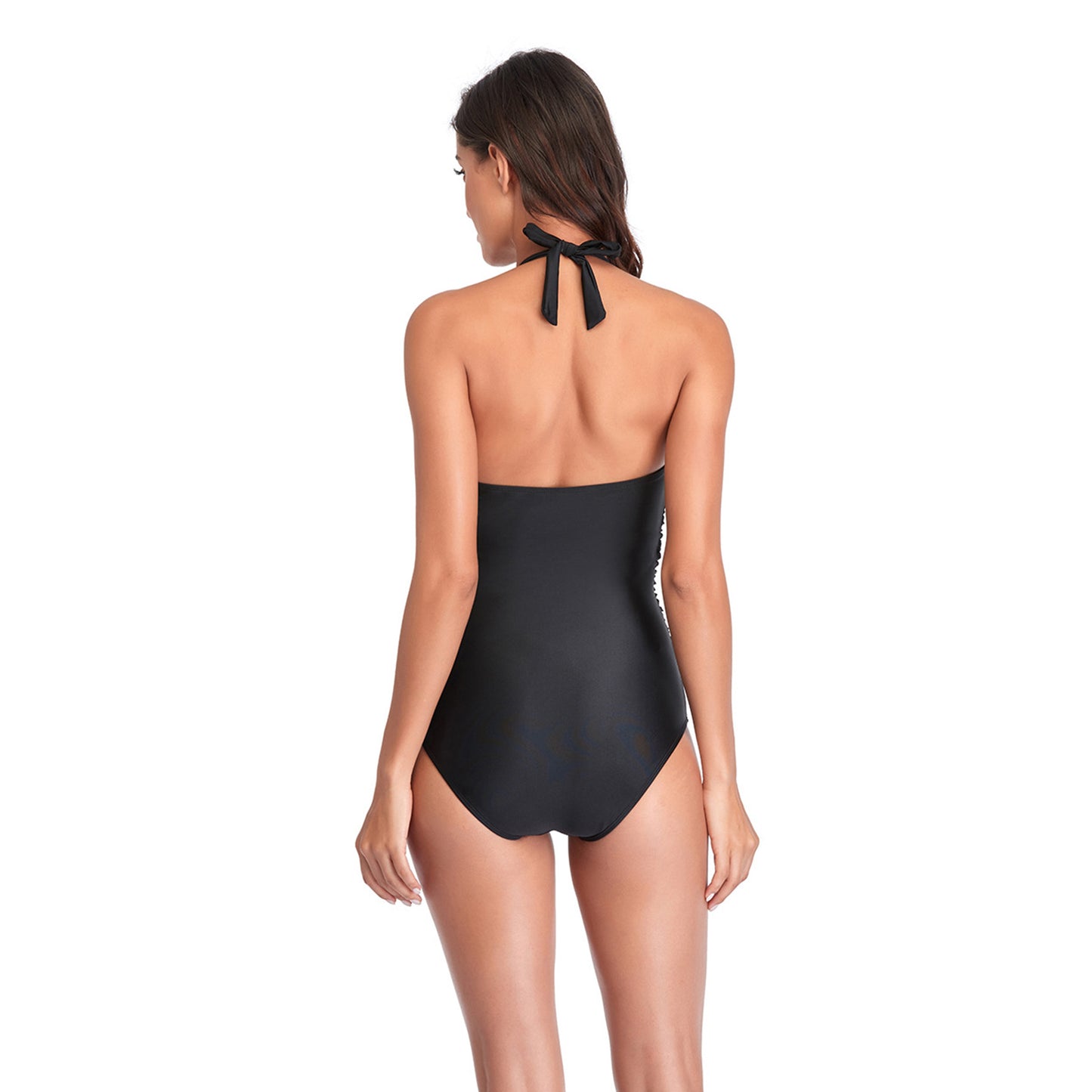 Solid Color V Neck Backless Ring Belt Strap One Piece Swimsuit - Quaworth
