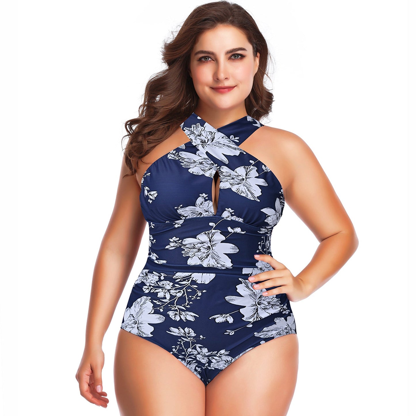 Floral Print Cross Halter Pleated One Piece Swimsuit - Quaworth