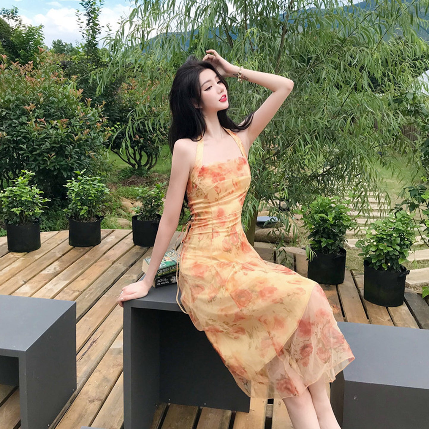 Floral Print Backless Chiffon Midi Dress - Quaworth