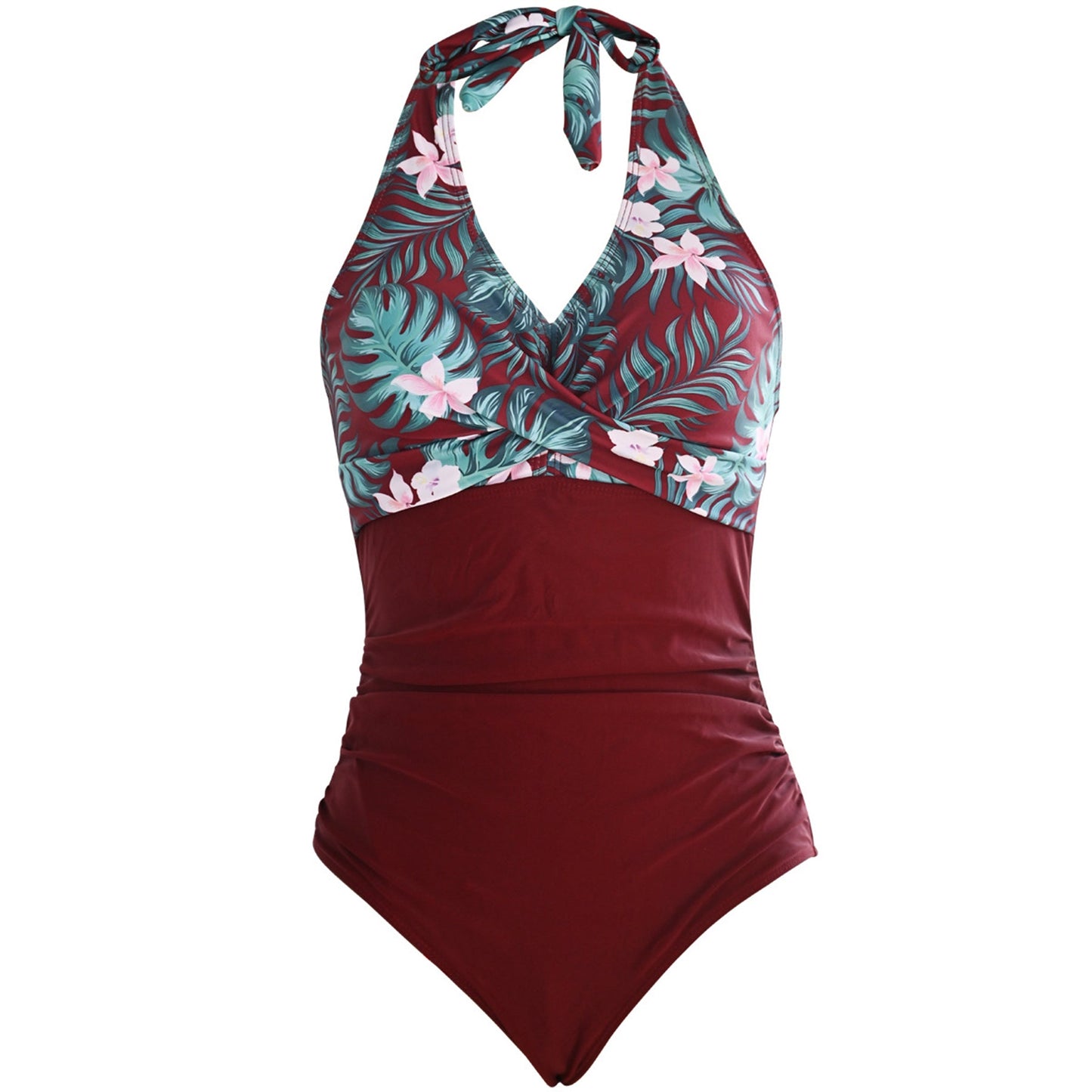 Floral Print V Neck Cross Chest Backless One Piece Swimsuit - Quaworth