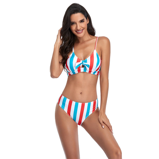 Color Stripe Bowknot High Rise Split Bikini Swimsuit Set - Quaworth