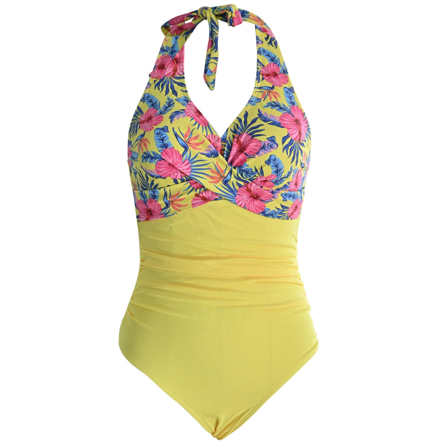 Floral Print V Neck Cross Chest Backless One Piece Swimsuit - Quaworth