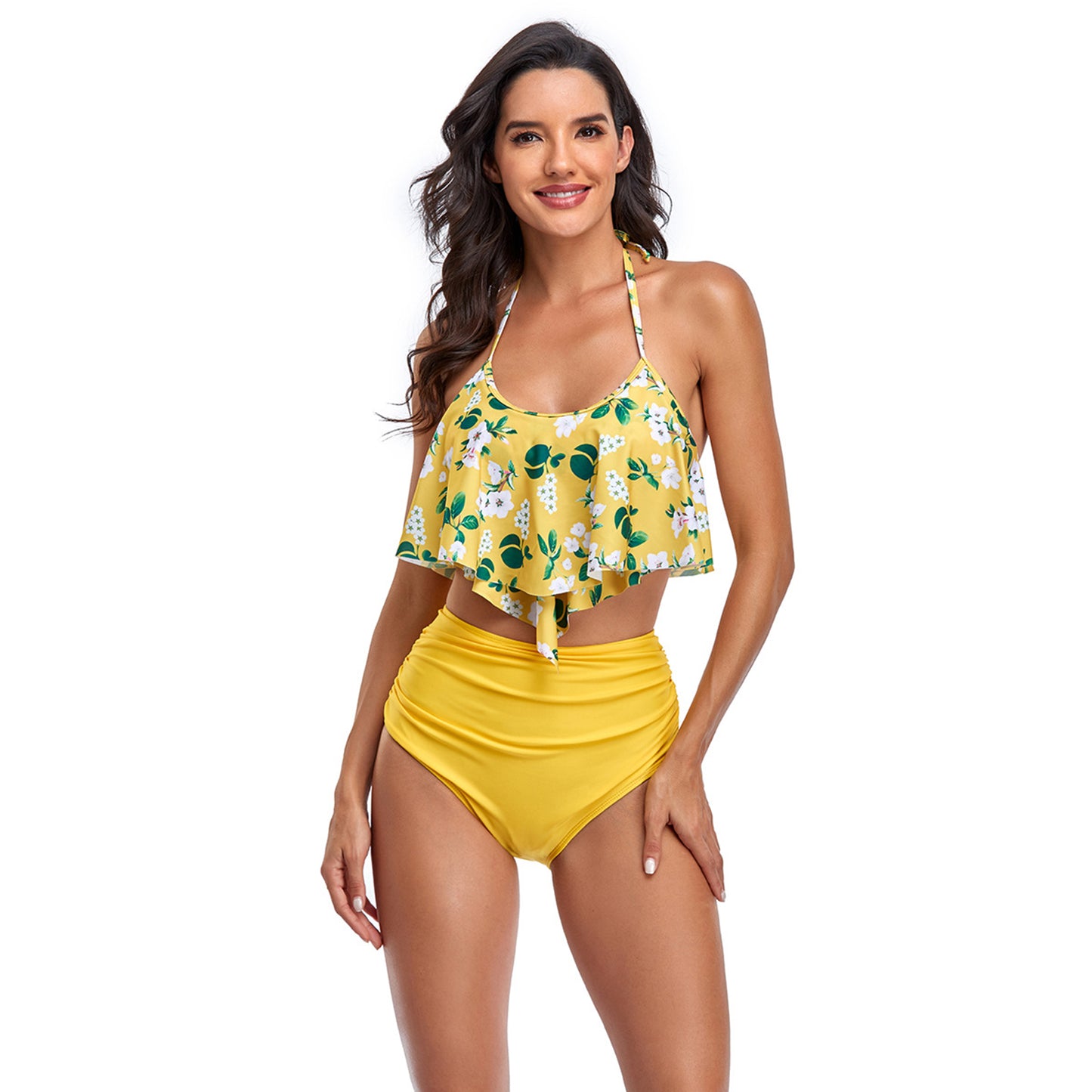 Floral Print Backless High Rise Two Piece Flounce Swimsuit Set - Quaworth