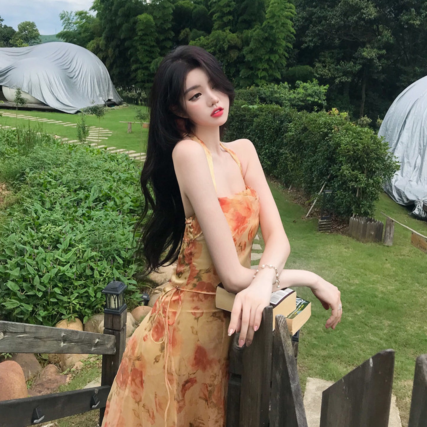 Floral Print Backless Chiffon Midi Dress - Quaworth