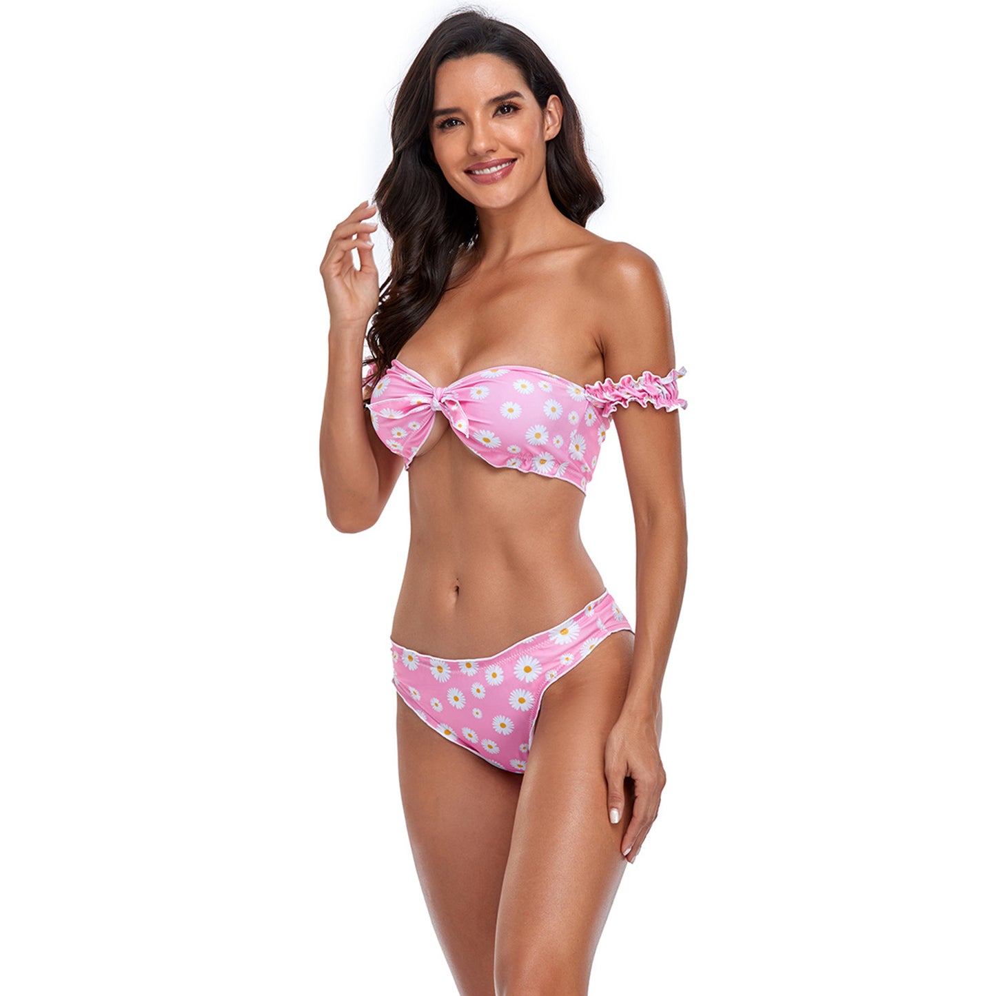 Floral Ruffle Sleeve Bowknot Split Triangle Bikini Swimsuit Set - Quaworth