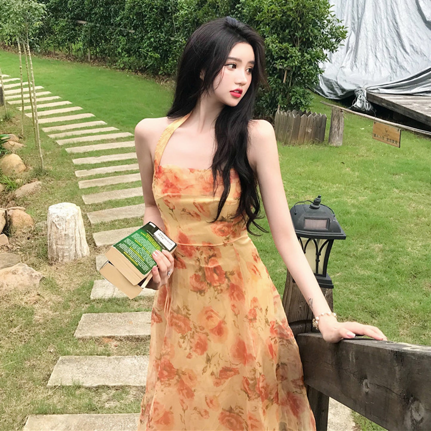 Floral Print Backless Chiffon Midi Dress - Quaworth