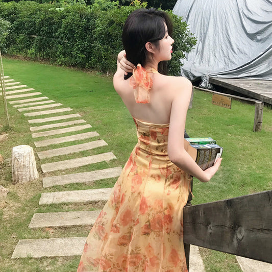 Floral Print Backless Chiffon Midi Dress - Quaworth