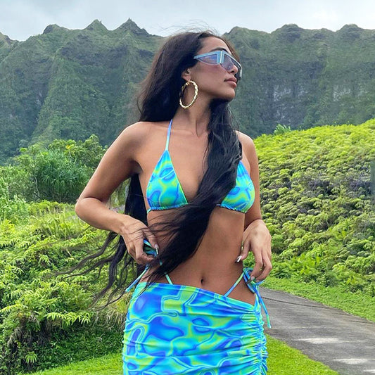 Oil Paint Pattern Bikini Skirt Swimsuit Set - Quaworth