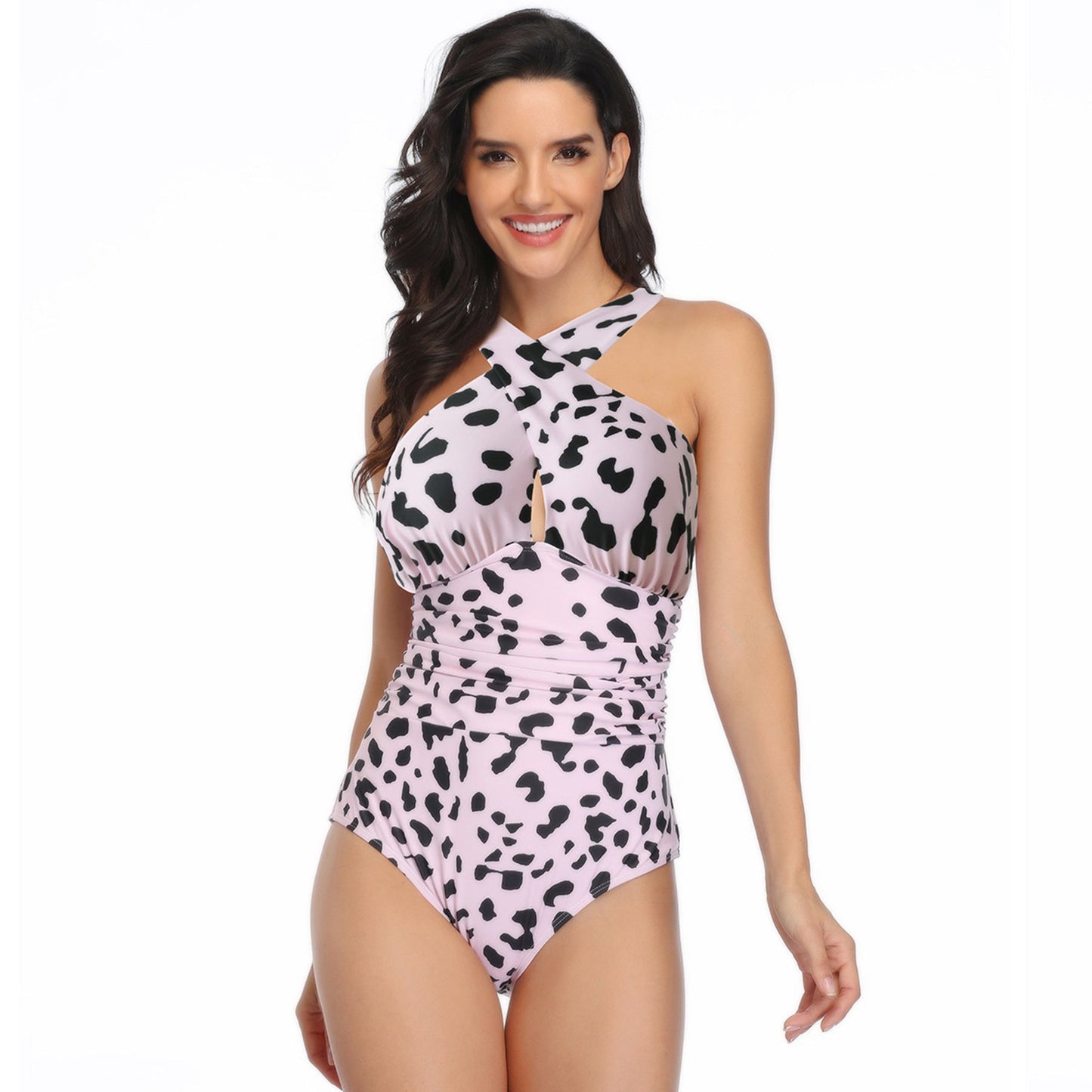 Leopard Print Cross Halter Pleated One Piece Swimsuit - Quaworth