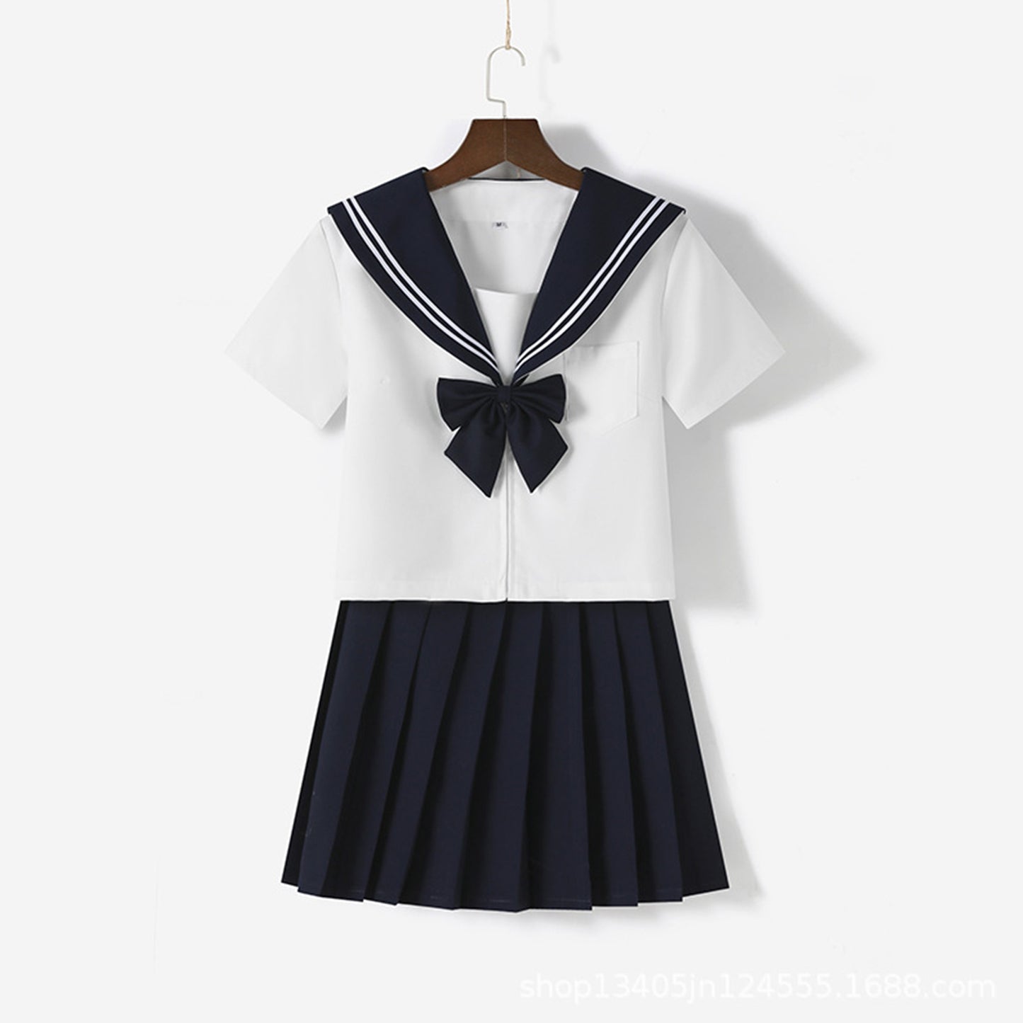 White Navy Broad Collar Two Line Square Flap Cravat Bow Sailor School Uniform - Quaworth