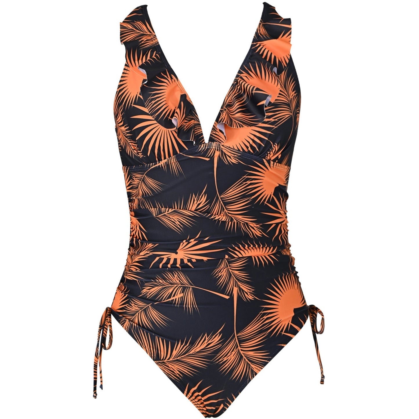 Leaf Print Ruffled V Neck Cross Back One Piece Swimsuit - Quaworth