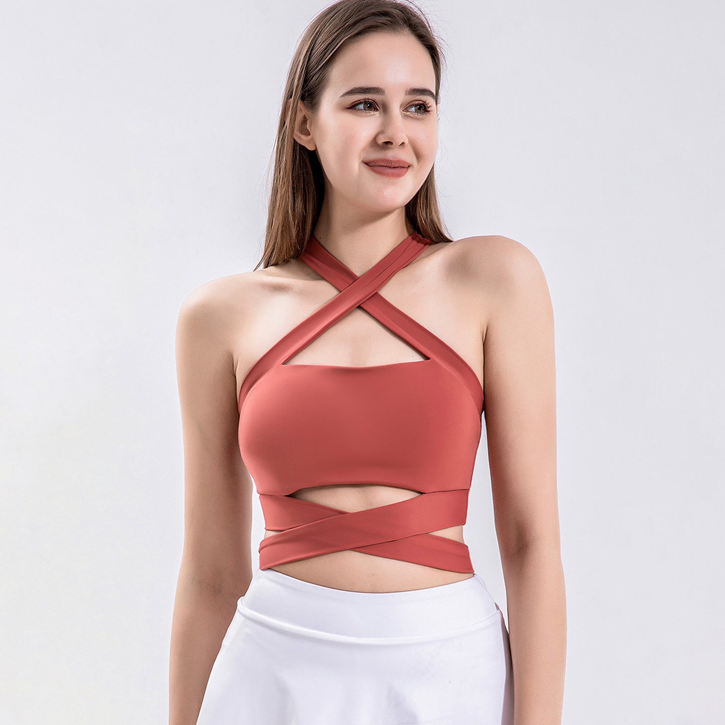 Solid Color Crisscross Padded Workout Tank Top - Quaworth