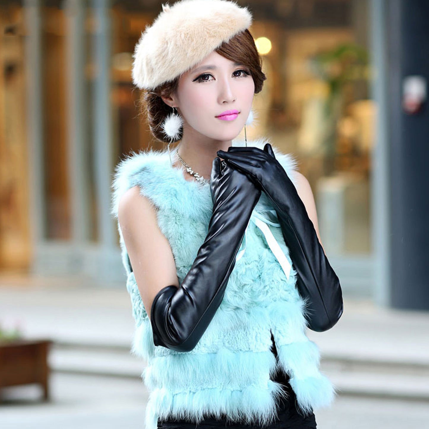 Solid Color Thermal Leather Velvet Lined Elbow Gloves - Quaworth