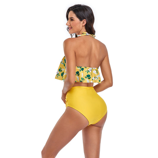 Floral Print Backless High Rise Two Piece Flounce Swimsuit Set - Quaworth