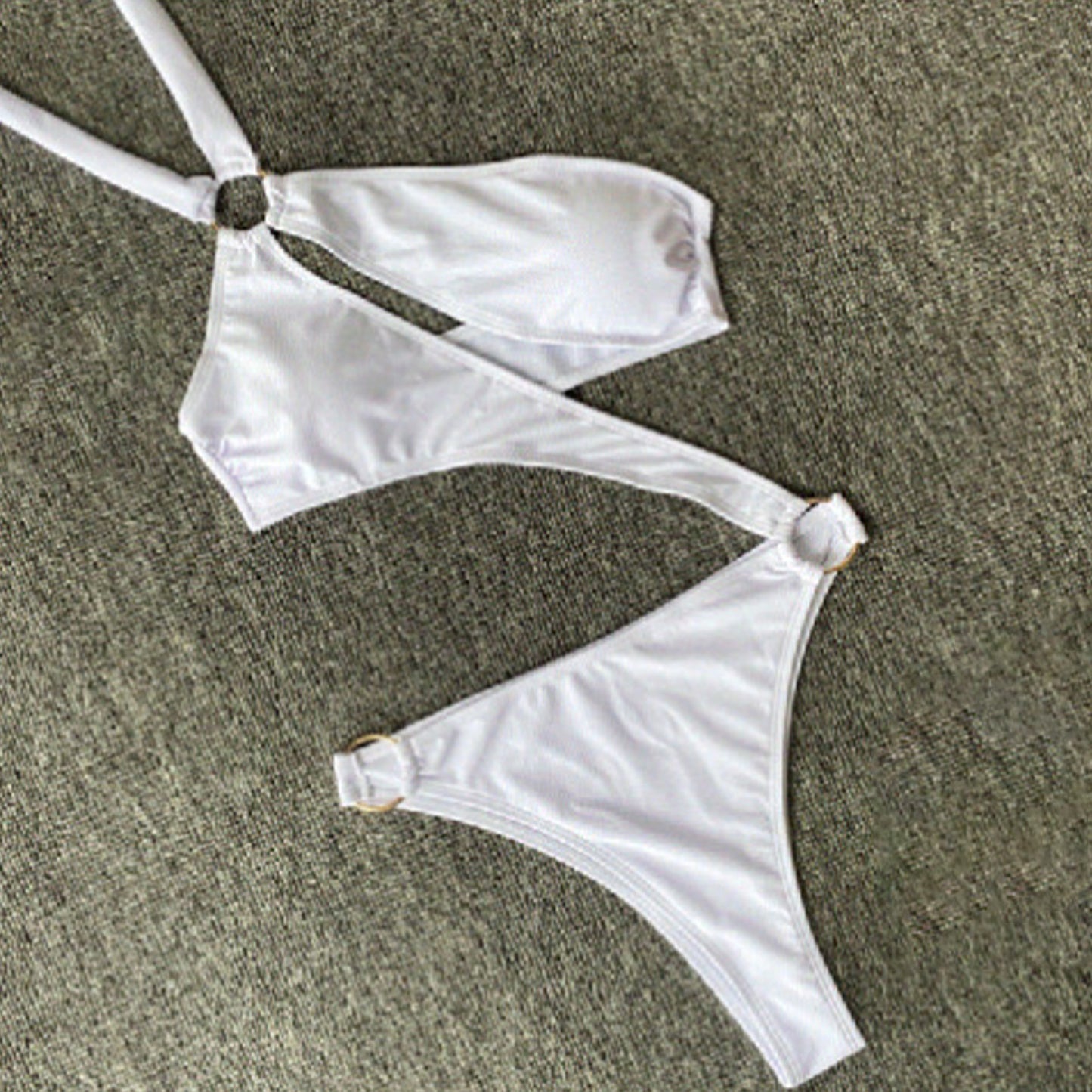 Solid Color Diagonal Ring Connect Bikini Swimsuit - Quaworth