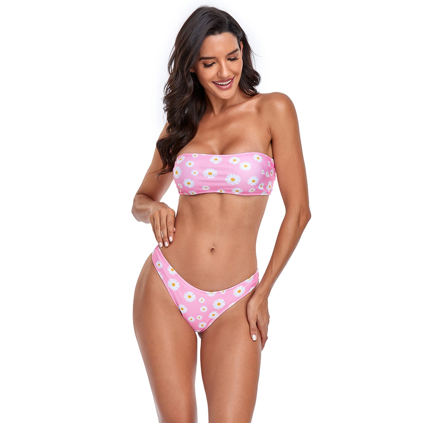 Floral Print Tube Top Back Lace Up Split Two Piece Bikini Swimsuit Set - Quaworth