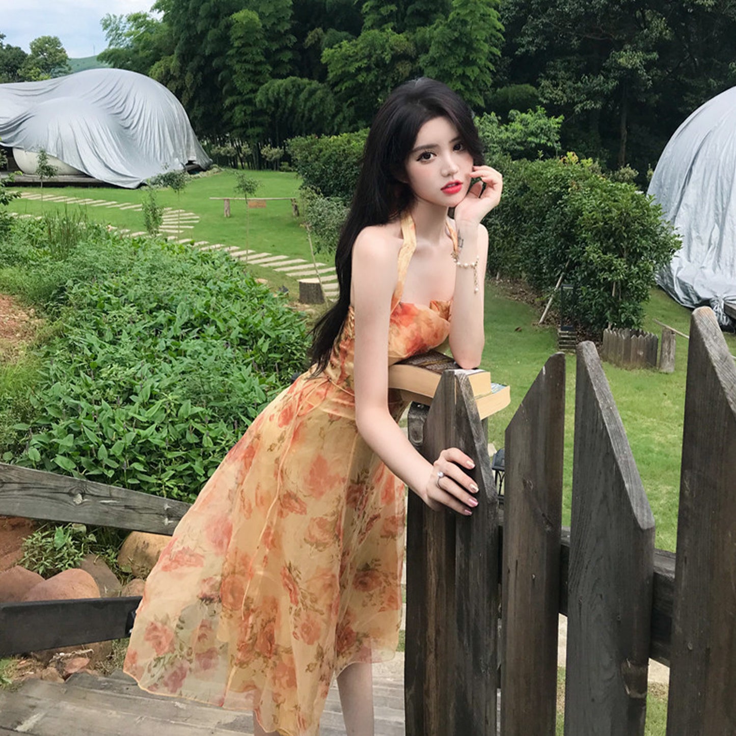 Floral Print Backless Chiffon Midi Dress - Quaworth