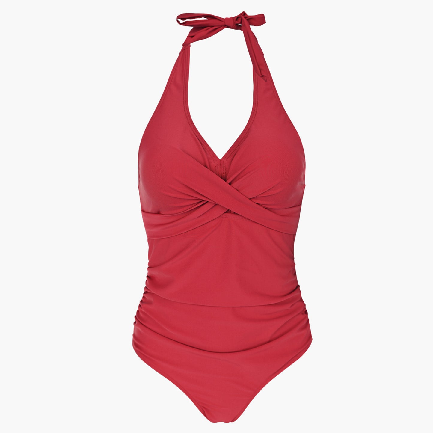 Solid Color V Neck Cross Chest Backless One Piece Swimsuit - Quaworth