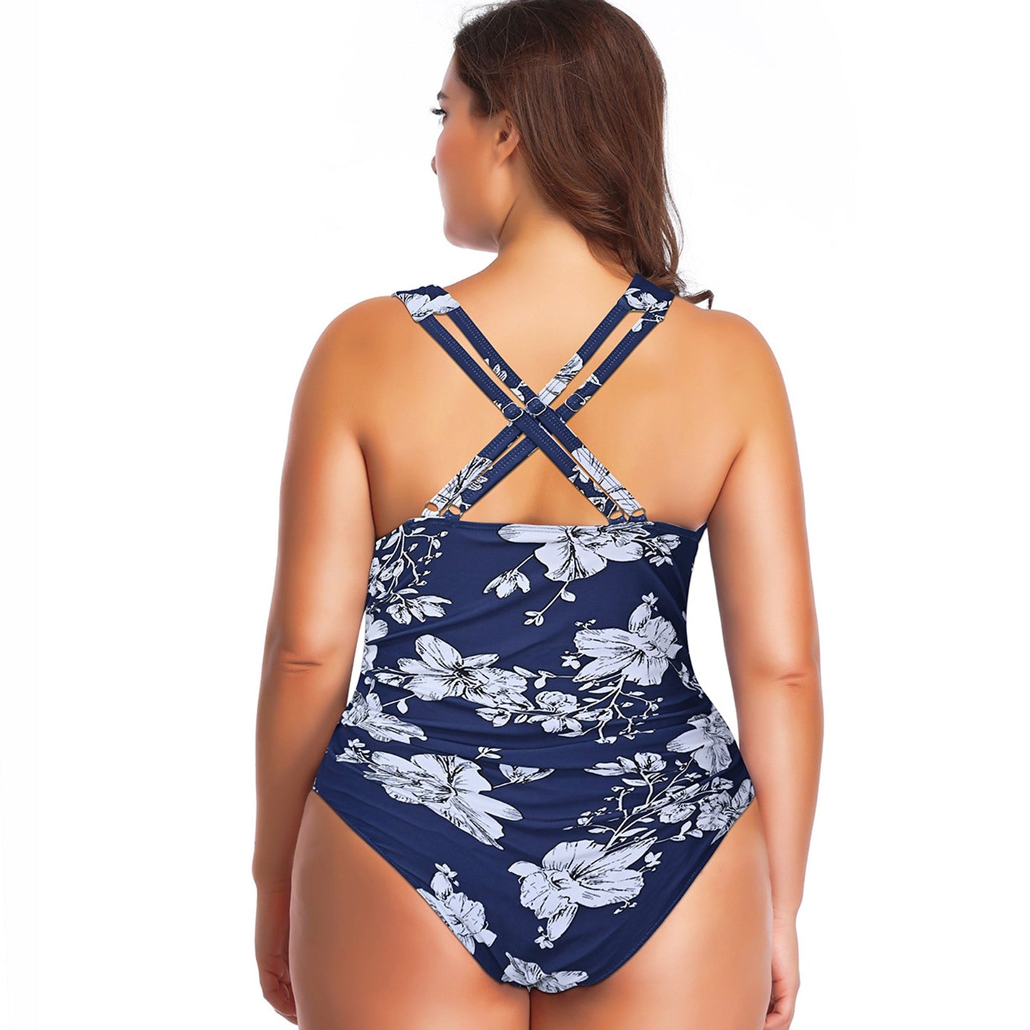 Floral Print Cross Halter Pleated One Piece Swimsuit - Quaworth