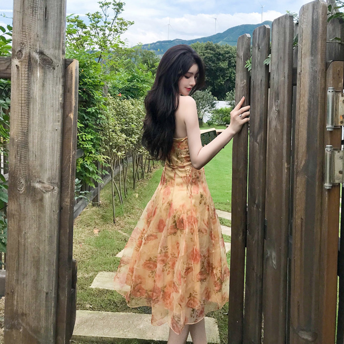 Floral Print Backless Chiffon Midi Dress - Quaworth