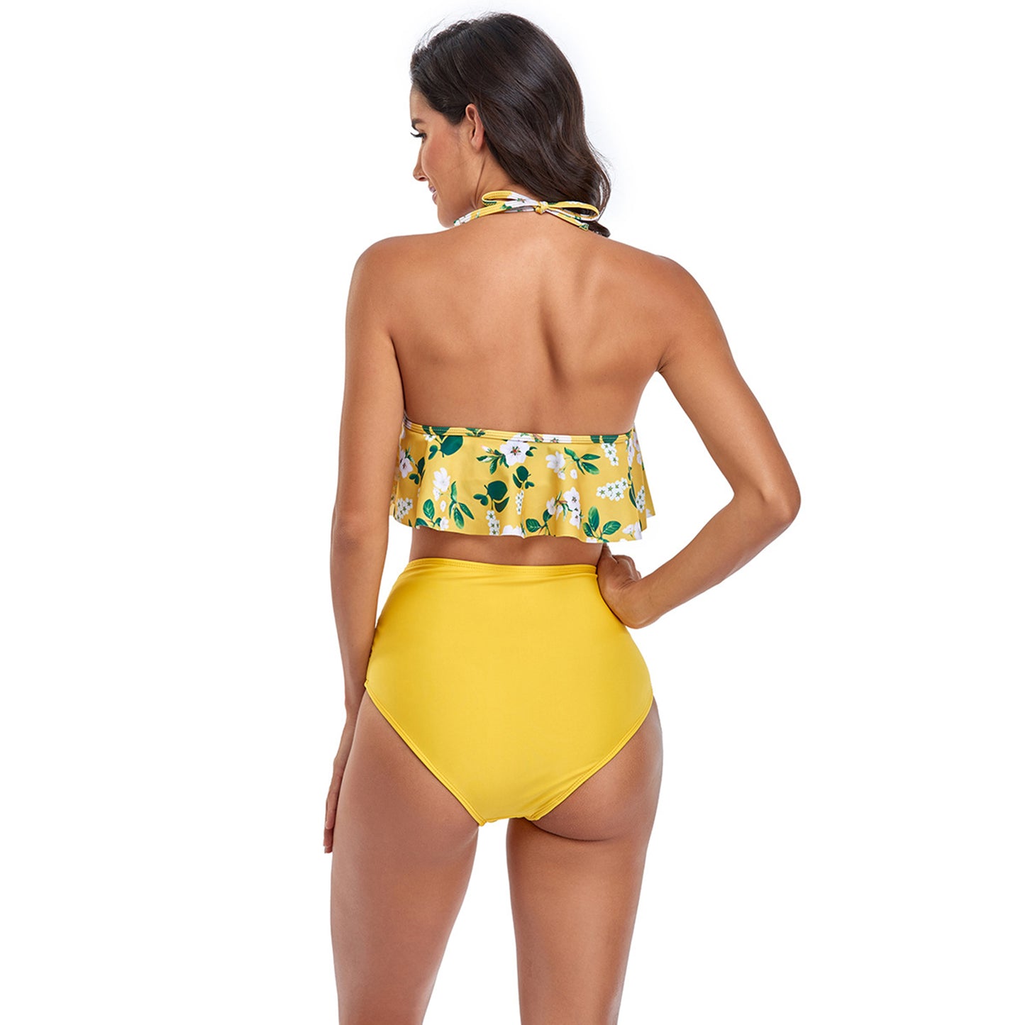 Floral Print Backless High Rise Two Piece Flounce Swimsuit Set - Quaworth