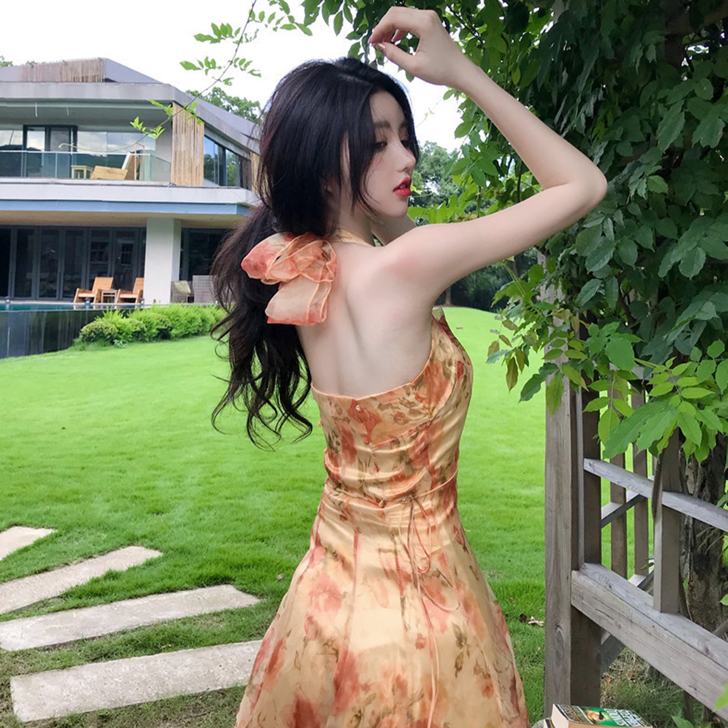 Floral Print Backless Chiffon Midi Dress - Quaworth