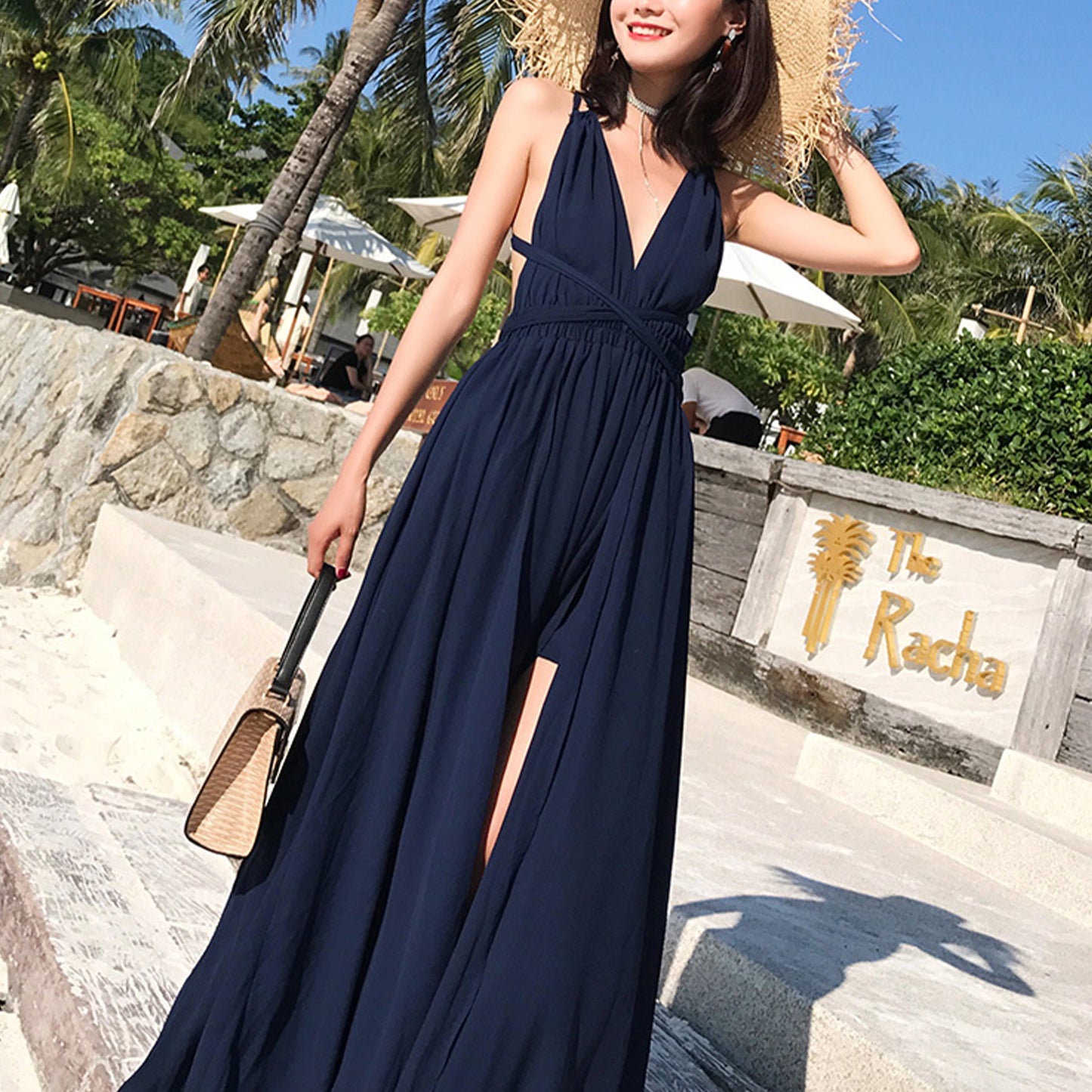 Solid Color V Neck Cross Back Bohemia Beach Maxi Dress - Quaworth