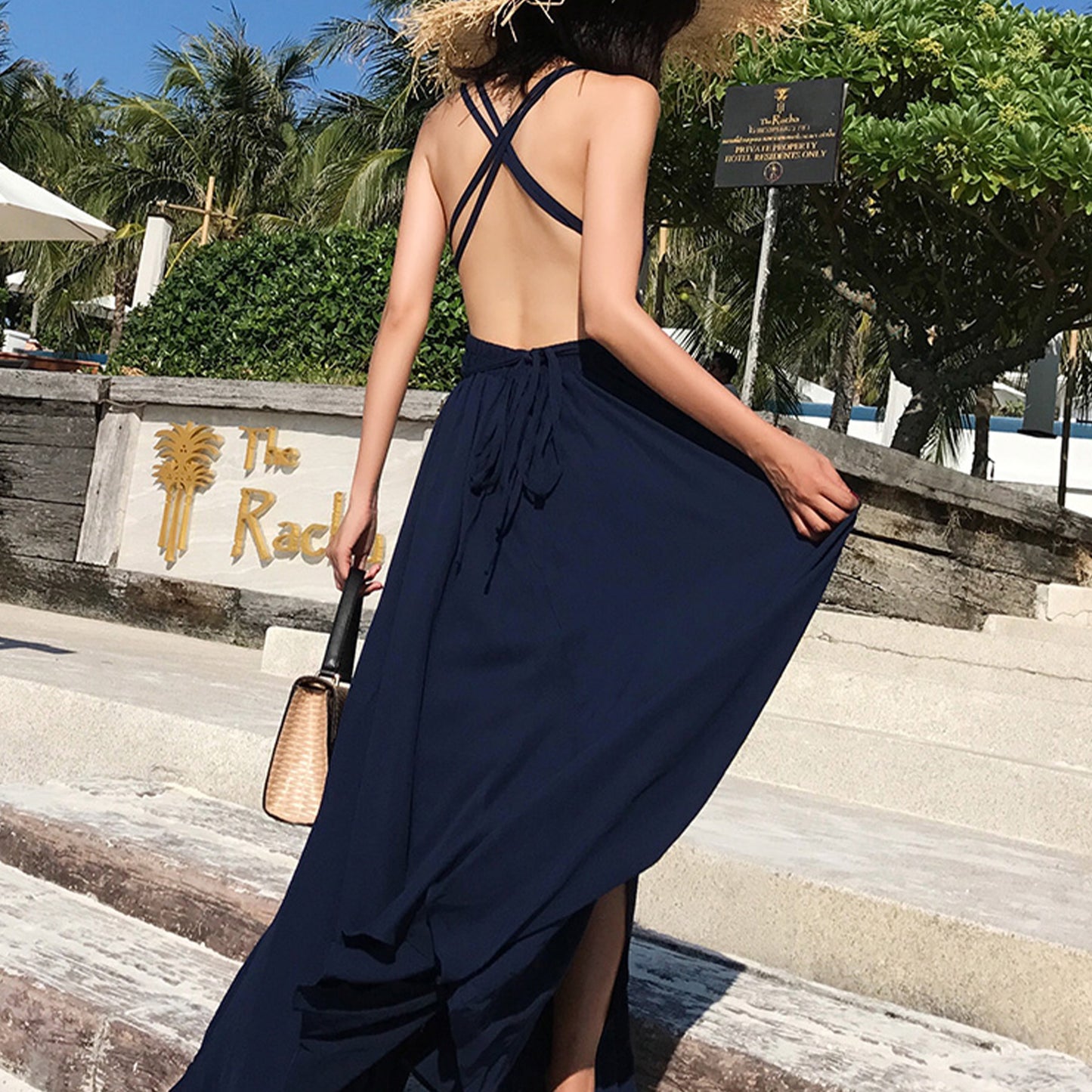 Solid Color V Neck Cross Back Bohemia Beach Maxi Dress - Quaworth