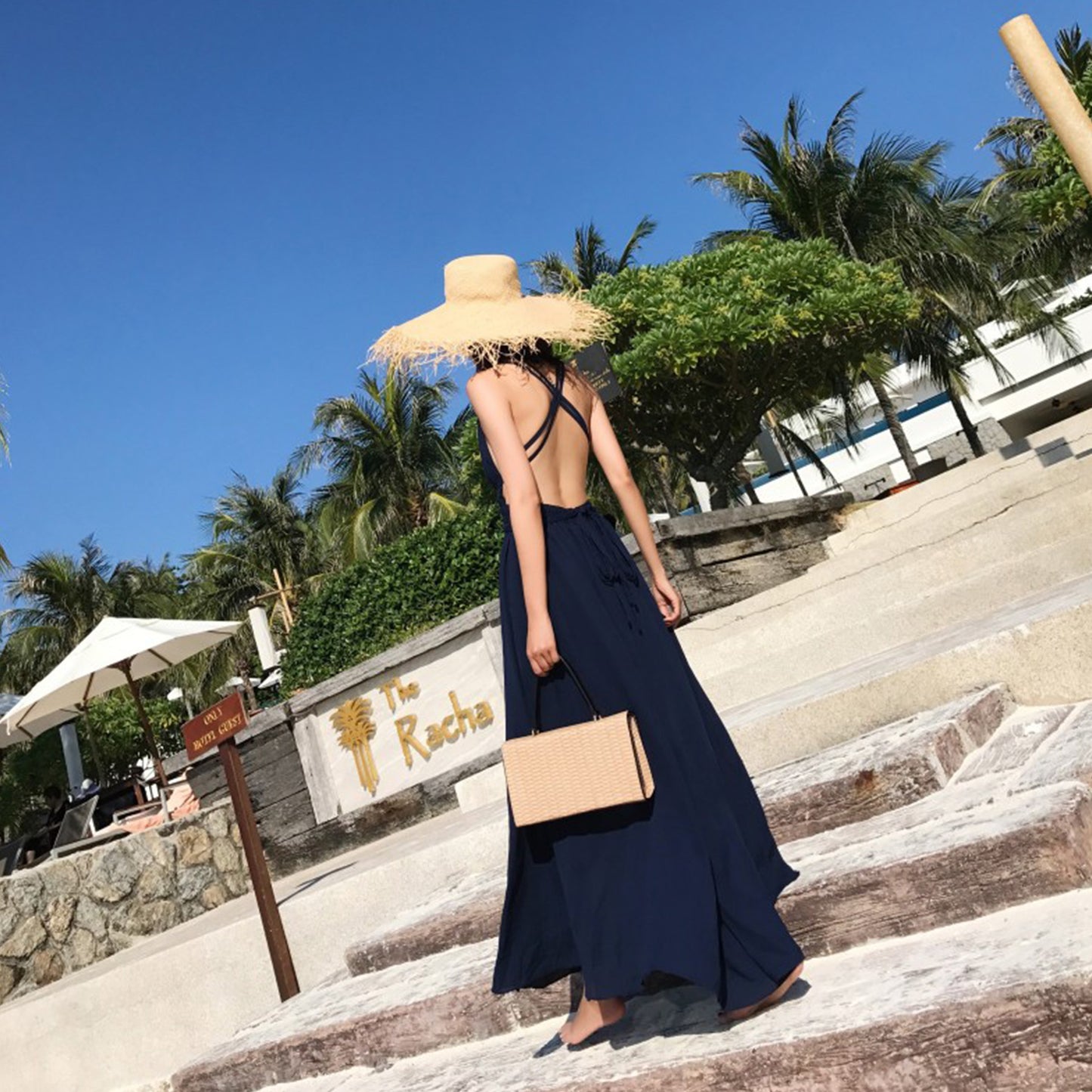 Solid Color V Neck Cross Back Bohemia Beach Maxi Dress - Quaworth