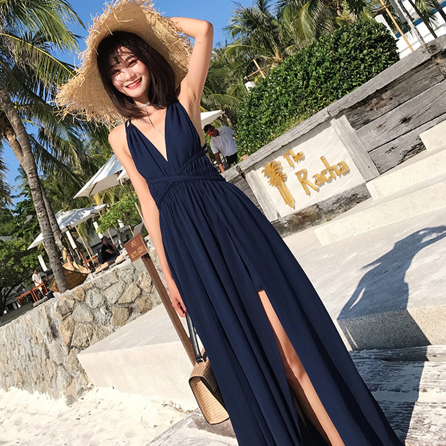 Solid Color V Neck Cross Back Bohemia Beach Maxi Dress - Quaworth