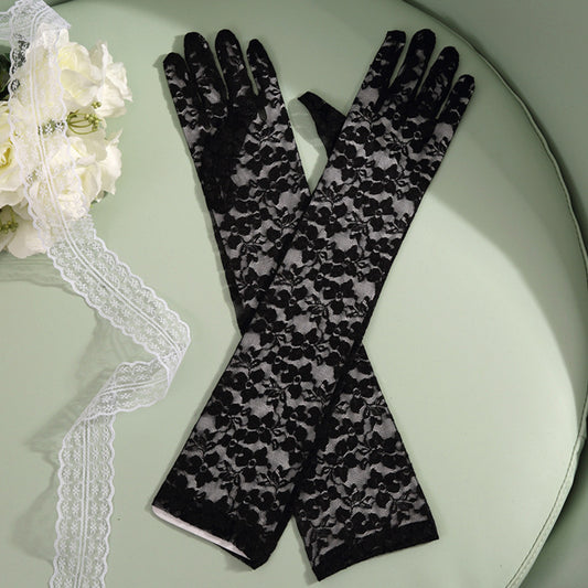 Lace Floral Jacquard Over Elbow Gloves - Quaworth