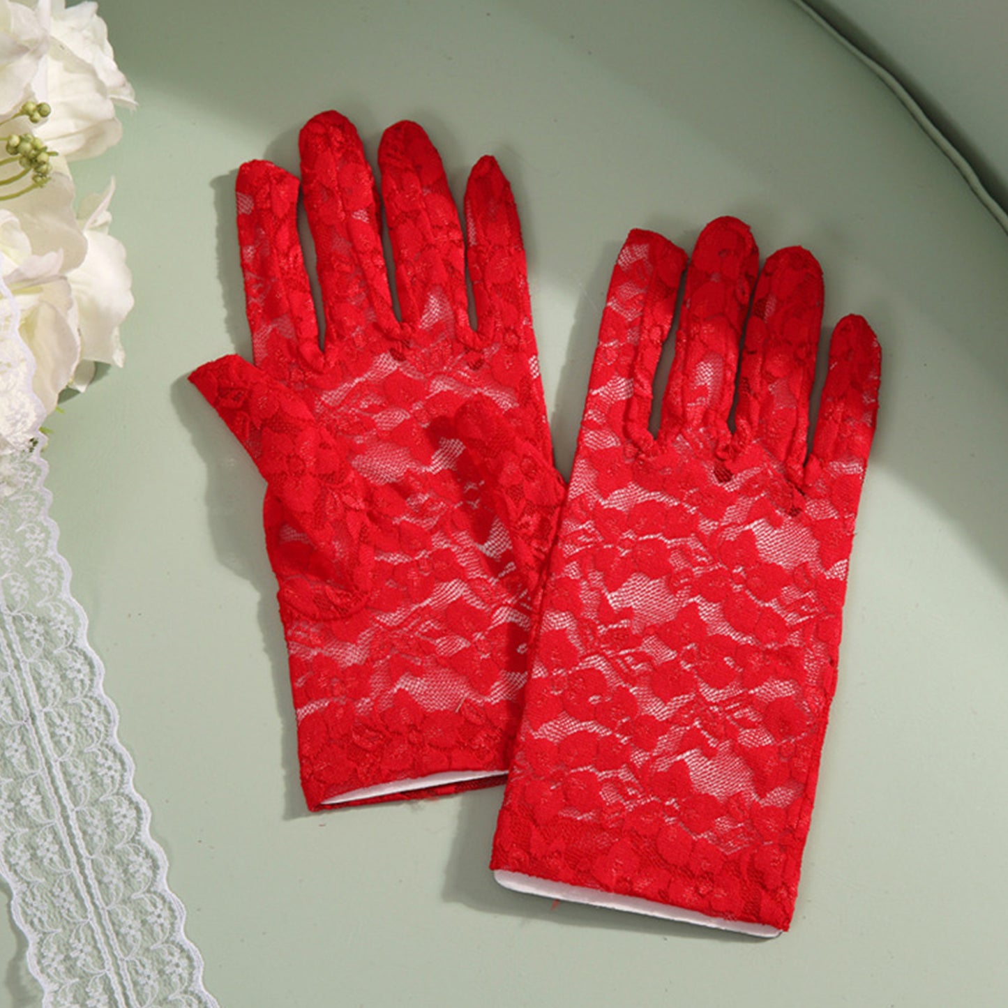 Lace Floral Jacquard Wrist Gloves - Quaworth