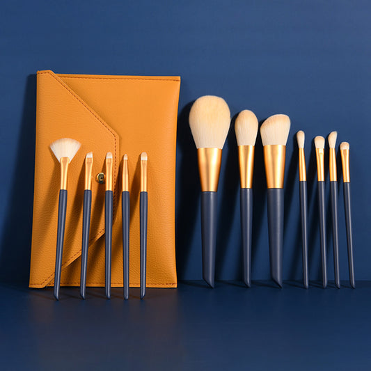 12 Piece Blue Enamel Wooden Handle Golden Aluminum Tube Makeup Brush Set - Quaworth