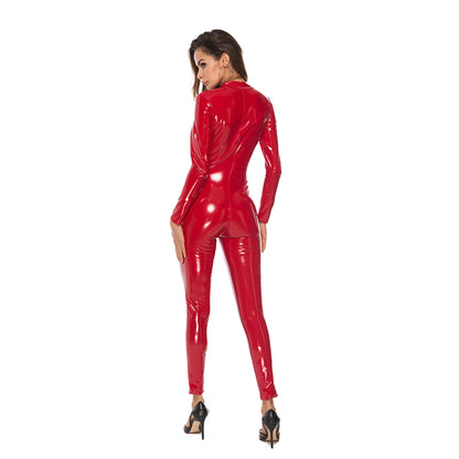 Vegan Leather Long Sleeve Mock Neck Front Zipper Glossy Jumpsuit - Quaworth