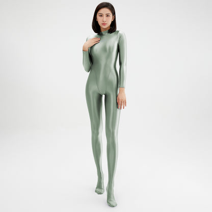 Athena Series Glossy Long Sleeve High Neck Closed Foot Unitard - Quaworth