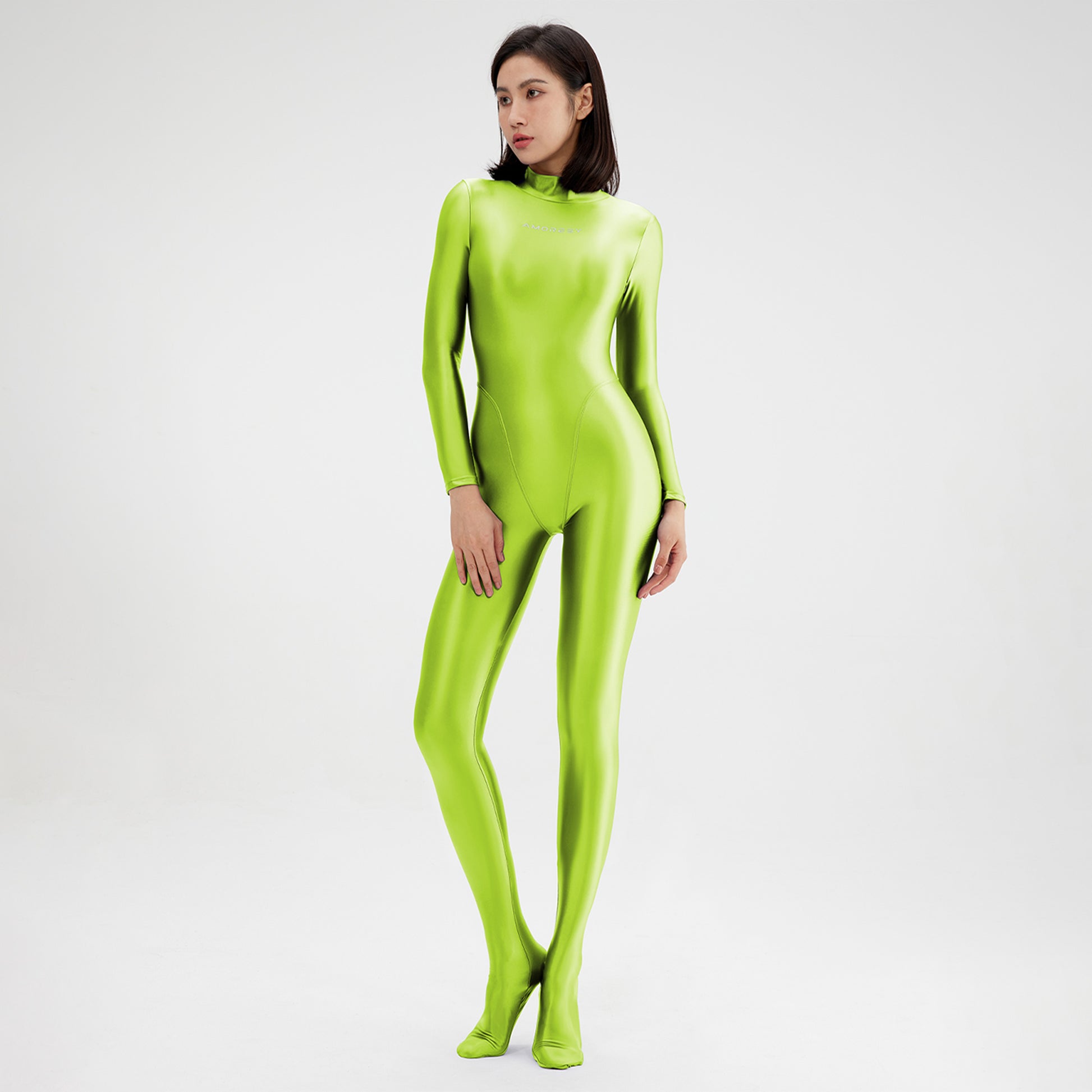 Athena Series Glossy Long Sleeve High Neck Closed Foot Unitard - Quaworth