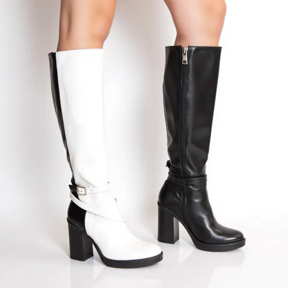 Black White Splice Design Long Boots