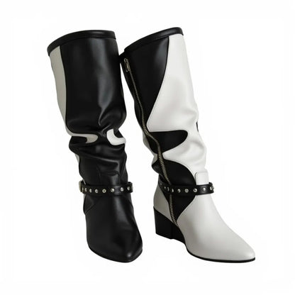 Black White Splice Design Long Boots