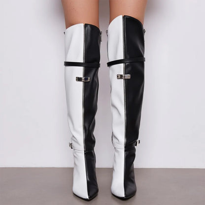 Black White Splice Design Long Boots