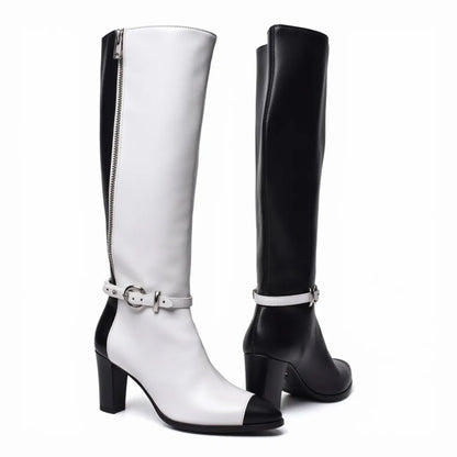 Black White Splice Design Long Boots