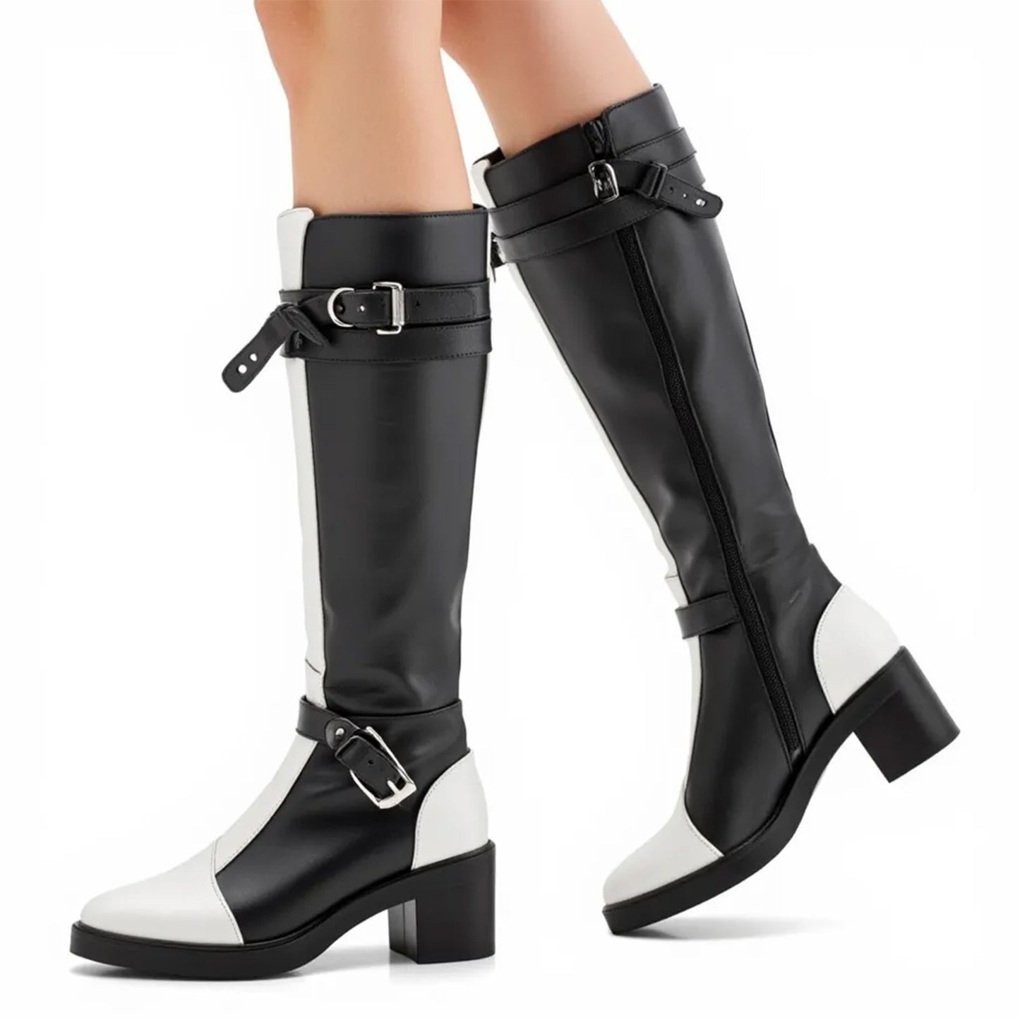 Black White Splice Design Long Boots