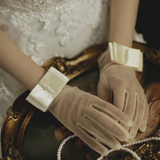 Bridal Sheer Wrist Gloves with Pearl Cuff Accent
