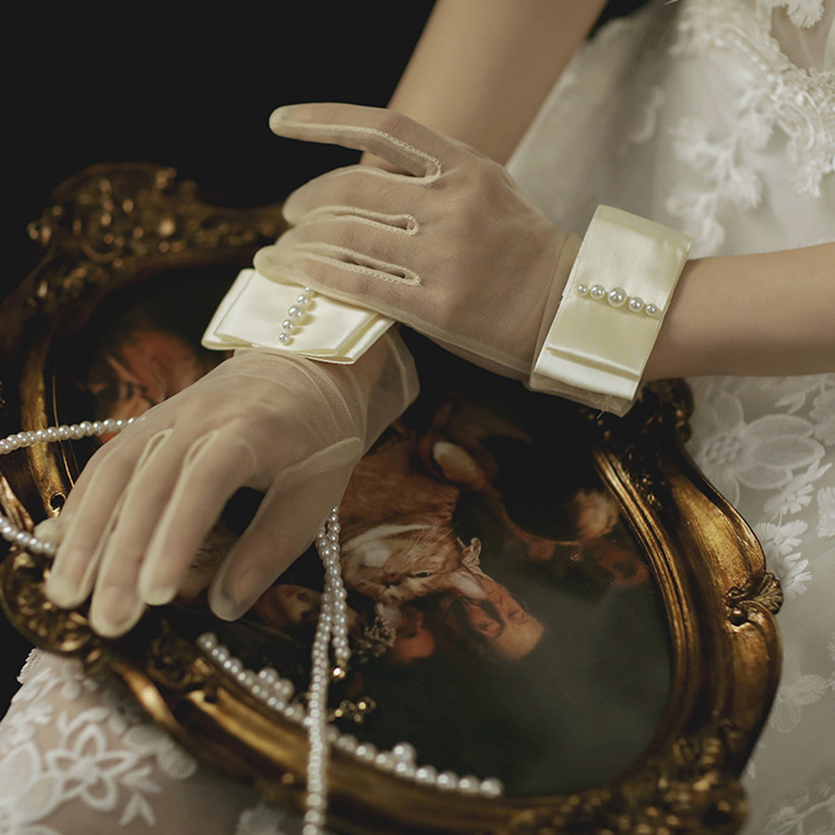 Bridal Sheer Wrist Gloves with Pearl Cuff Accent