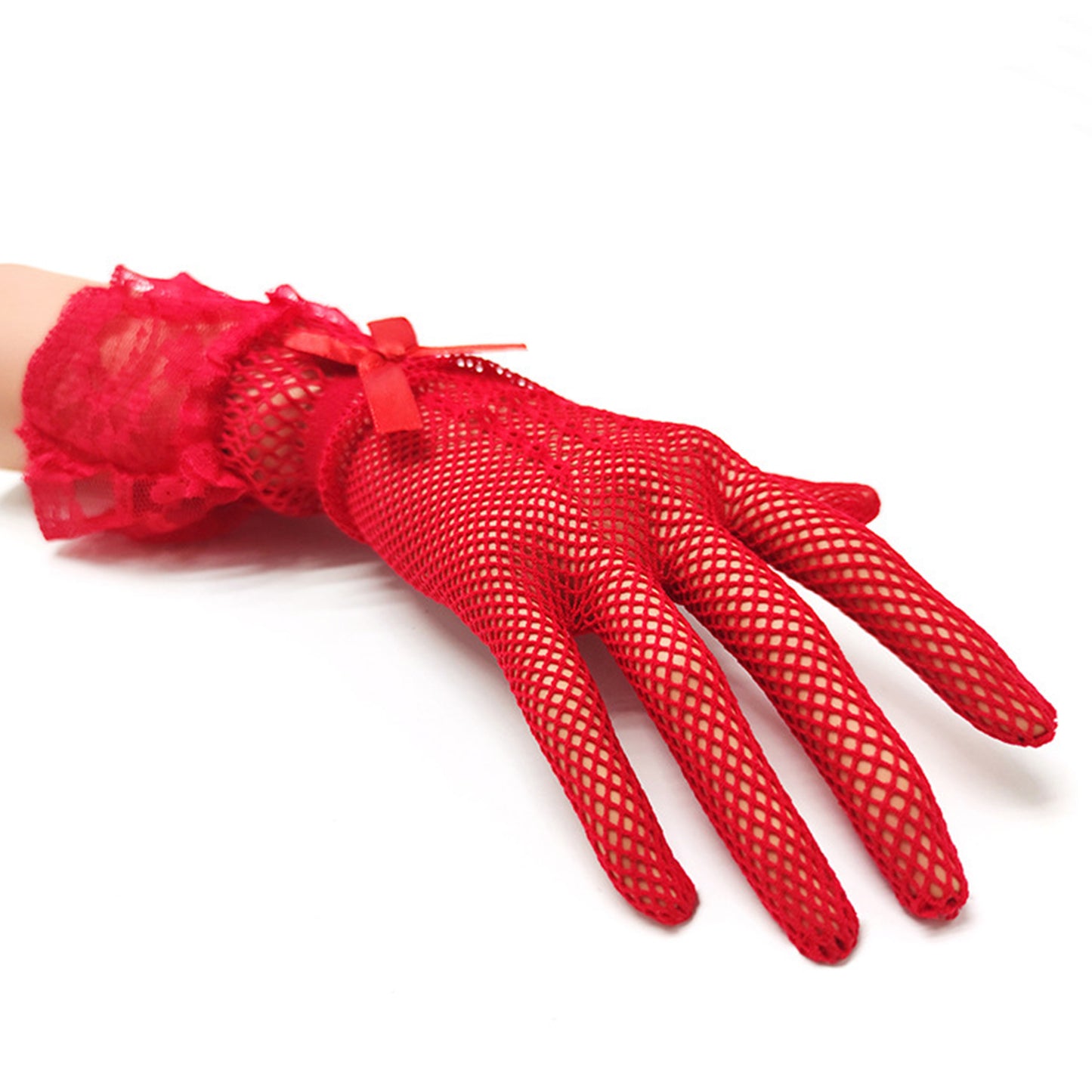 Floral Lace Bow Cuff Fishnet Mesh Wrist Gloves