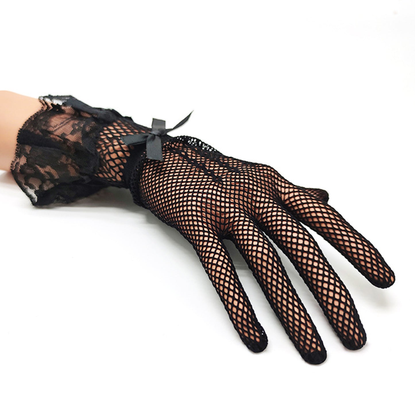 Floral Lace Bow Cuff Fishnet Mesh Wrist Gloves