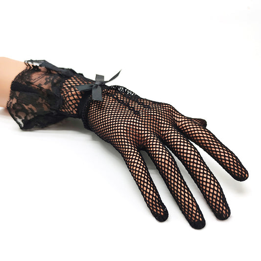 Floral Lace Bow Cuff Fishnet Mesh Wrist Gloves