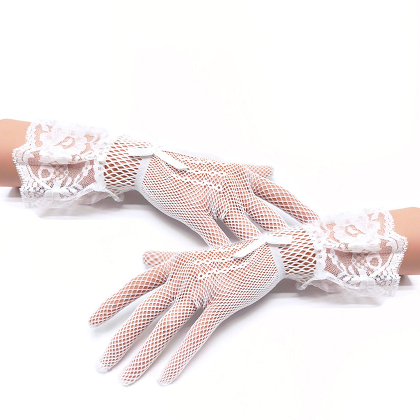 Floral Lace Bow Cuff Fishnet Mesh Wrist Gloves