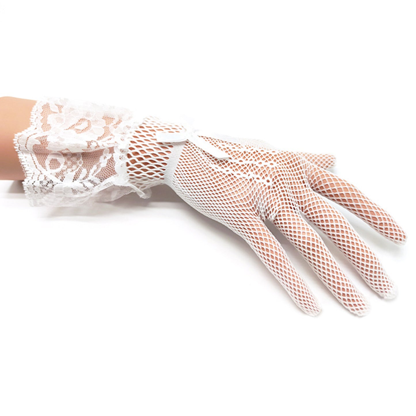 Floral Lace Bow Cuff Fishnet Mesh Wrist Gloves