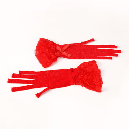 Floral Lace Bow Cuff Fishnet Mesh Wrist Gloves